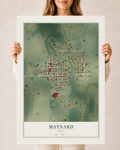 Map of Maynard, Iowa, 24 x 36 inch print in a white wood frame