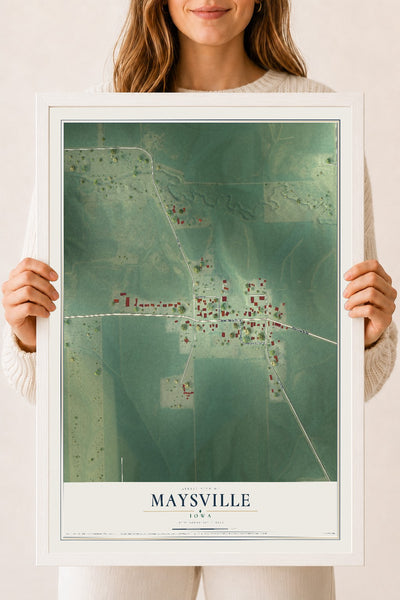 Map of Maysville, Iowa, 18 x 24 inch print in a white wood frame