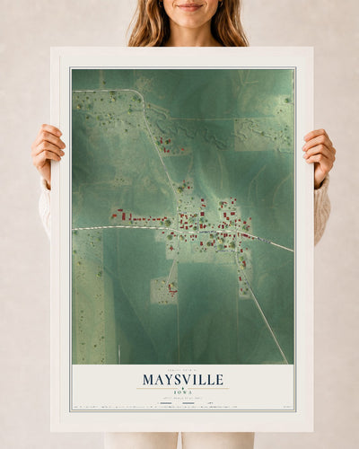 Map of Maysville, Iowa, 24 x 36 inch print in a white wood frame