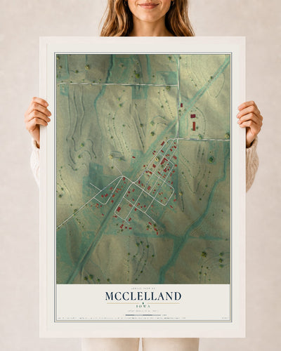 Map of McClelland, Iowa, 24 x 36 inch print in a white wood frame
