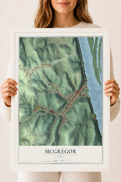 Map of McGregor, Iowa, 18 x 24 inch print in a white wood frame