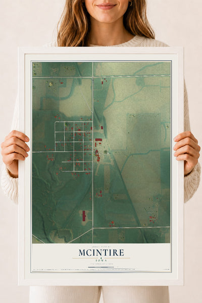 Map of McIntire, Iowa, 18 x 24 inch print in a white wood frame