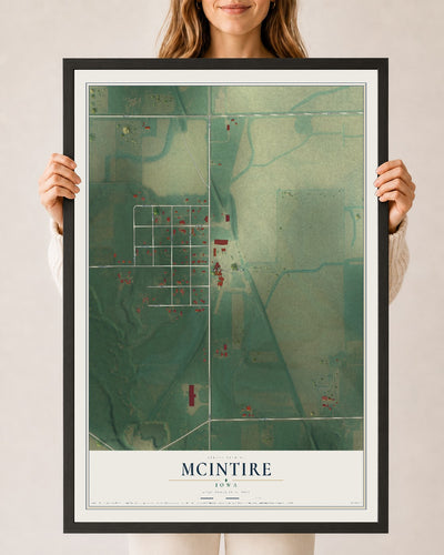 Map of McIntire, Iowa, 24 x 36 inch print in a black wood frame