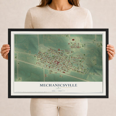 Map of Mechanicsville, Iowa, 12 x 18 inch print in a black wood frame