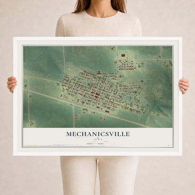 Map of Mechanicsville, Iowa, 24 x 36 inch print in a white wood frame