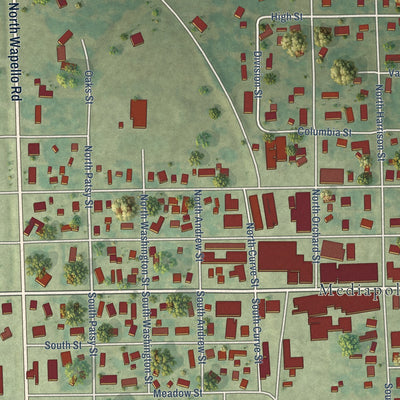 Close-up of the map of Mediapolis, Iowa print showing street and building detail