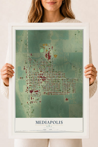 Map of Mediapolis, Iowa, 18 x 24 inch print in a white wood frame