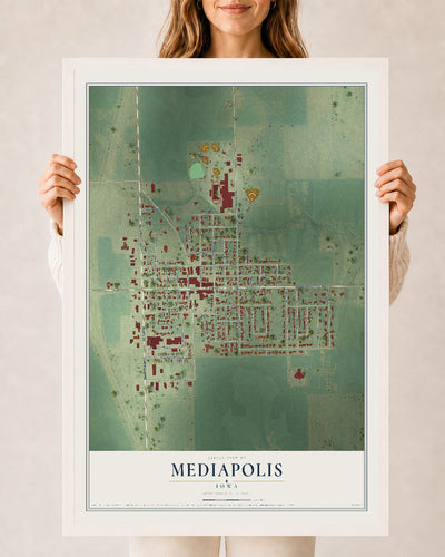 Map of Mediapolis, Iowa, 24 x 36 inch print in a white wood frame