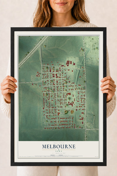 Map of Melbourne, Iowa, 18 x 24 inch print in a black wood frame