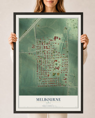 Map of Melbourne, Iowa, 24 x 36 inch print in a black wood frame