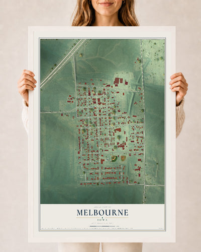 Map of Melbourne, Iowa, 24 x 36 inch print in a white wood frame