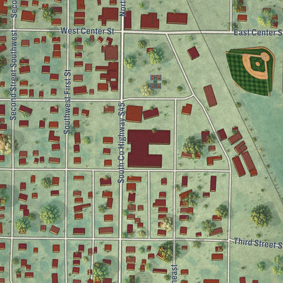 Close-up of the map of Melcher-Dallas, Iowa print showing street and building detail