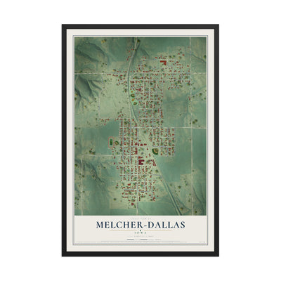 Map of Melcher-Dallas, Iowa, 12 x 18 inch print in a black wood frame