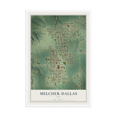Map of Melcher-Dallas, Iowa, 12 x 18 inch print in a white wood frame