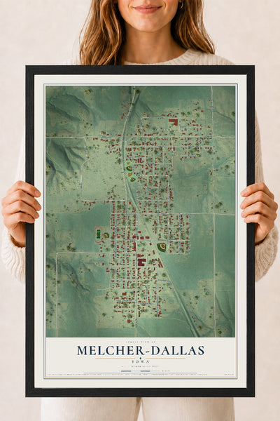 Map of Melcher-Dallas, Iowa, 18 x 24 inch print in a black wood frame
