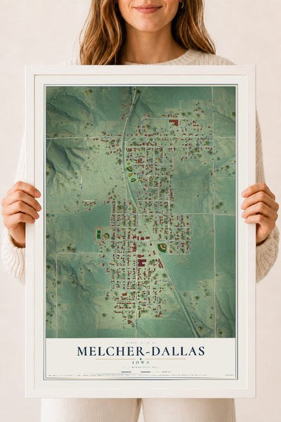 Map of Melcher-Dallas, Iowa, 18 x 24 inch print in a white wood frame
