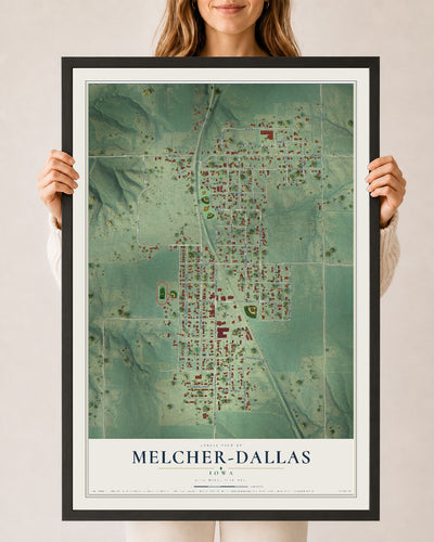 Map of Melcher-Dallas, Iowa, 24 x 36 inch print in a black wood frame