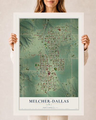 Map of Melcher-Dallas, Iowa, 24 x 36 inch print in a white wood frame