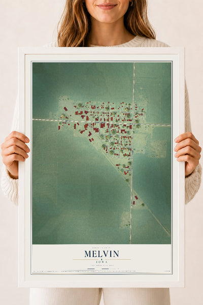 Map of Melvin, Iowa, 18 x 24 inch print in a white wood frame