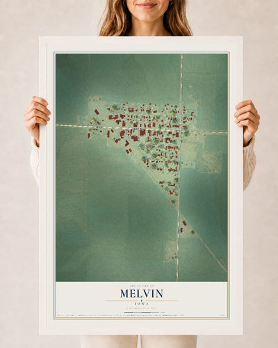Map of Melvin, Iowa, 24 x 36 inch print in a white wood frame