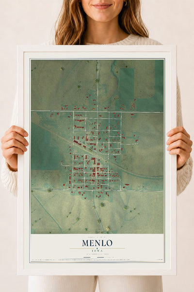 Map of Menlo, Iowa, 18 x 24 inch print in a white wood frame
