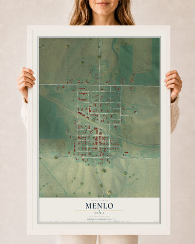 Map of Menlo, Iowa, 24 x 36 inch print in a white wood frame