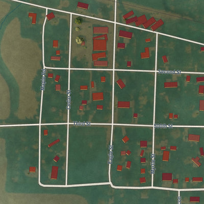 Close-up of the map of Meriden, Iowa print showing street and building detail