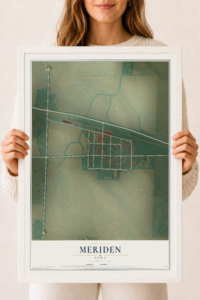 Map of Meriden, Iowa, 18 x 24 inch print in a white wood frame