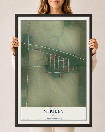 Map of Meriden, Iowa, 24 x 36 inch print in a black wood frame