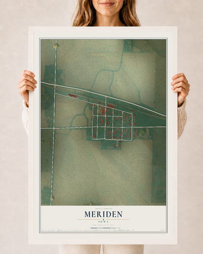Map of Meriden, Iowa, 24 x 36 inch print in a white wood frame