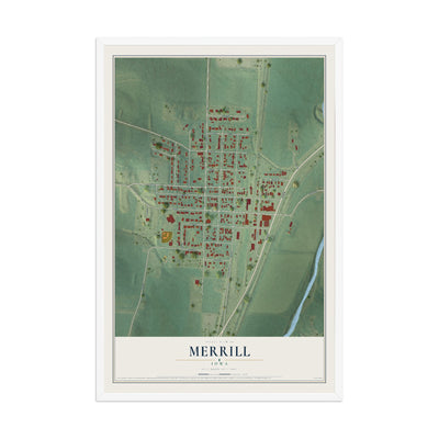 Map of Merrill, Iowa, 12 x 18 inch print in a white wood frame