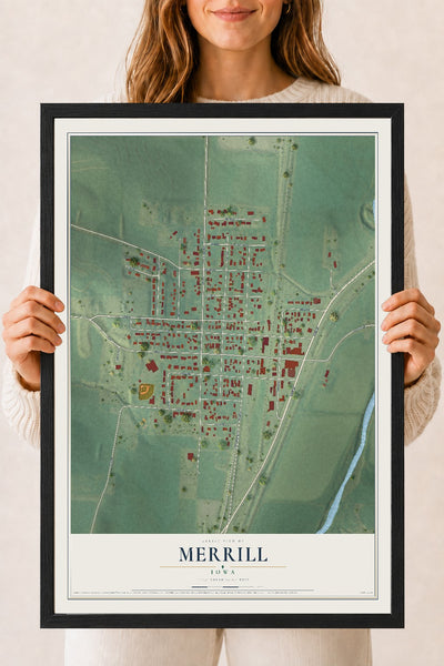 Map of Merrill, Iowa, 18 x 24 inch print in a black wood frame