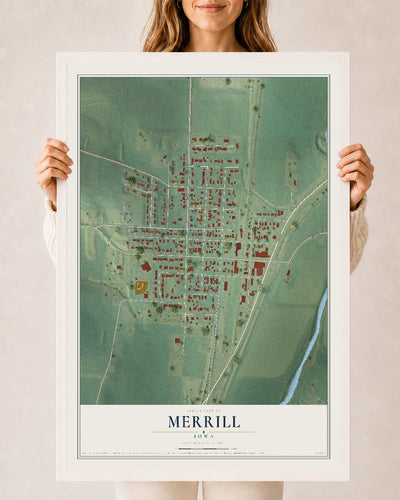 Map of Merrill, Iowa, 24 x 36 inch print in a white wood frame