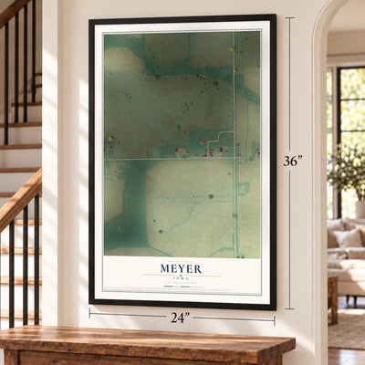 Meyer, Iowa map, 24 x 36 inch print in a black frame by a staircase