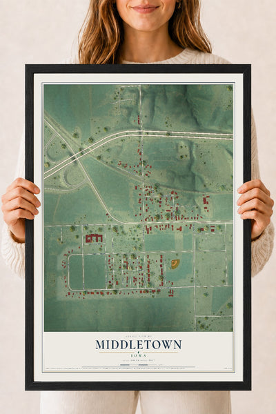 Map of Middletown, Iowa, 18 x 24 inch print in a black wood frame