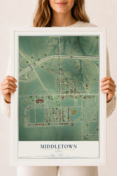 Map of Middletown, Iowa, 18 x 24 inch print in a white wood frame