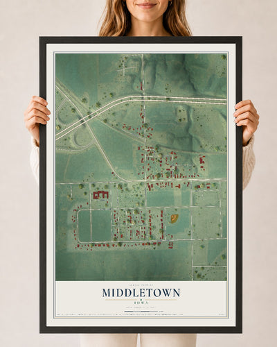 Map of Middletown, Iowa, 24 x 36 inch print in a black wood frame