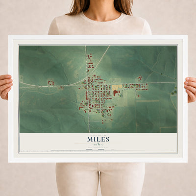 Map of Miles, Iowa, 18 x 24 inch print in a white wood frame