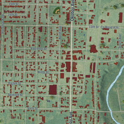 Close-up of the map of Milford, Iowa print showing street and building detail