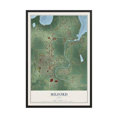 Map of Milford, Iowa, 12 x 18 inch print in a black wood frame