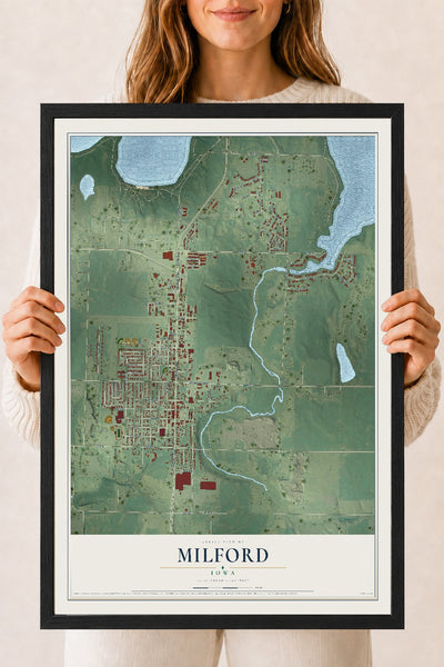 Map of Milford, Iowa, 18 x 24 inch print in a black wood frame