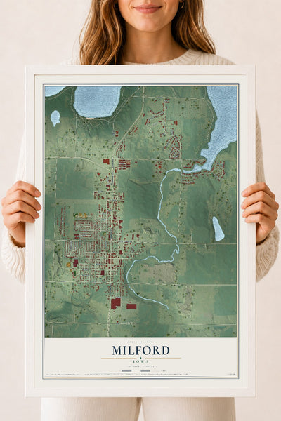 Map of Milford, Iowa, 18 x 24 inch print in a white wood frame