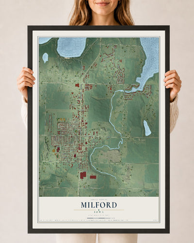 Map of Milford, Iowa, 24 x 36 inch print in a black wood frame