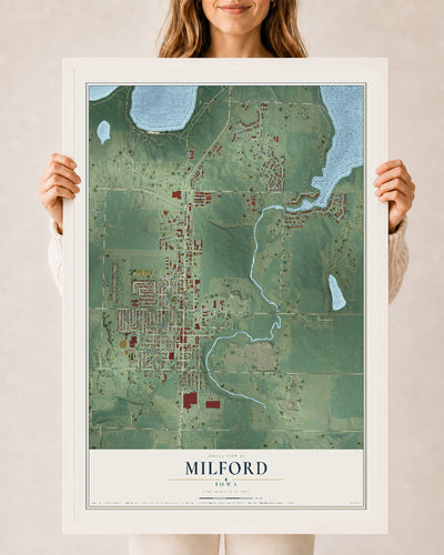Map of Milford, Iowa, 24 x 36 inch print in a white wood frame