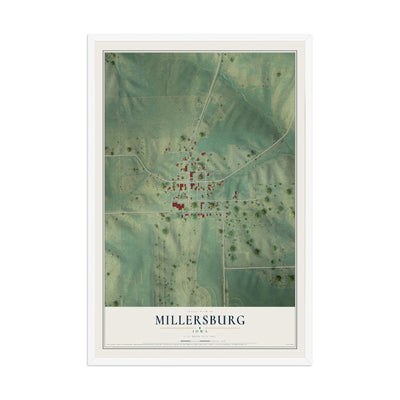 Map of Millersburg, Iowa, 12 x 18 inch print in a white wood frame
