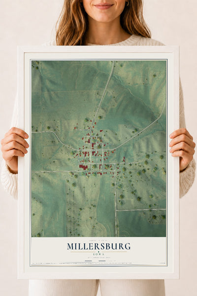 Map of Millersburg, Iowa, 18 x 24 inch print in a white wood frame
