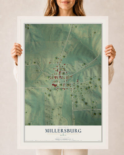 Map of Millersburg, Iowa, 24 x 36 inch print in a white wood frame