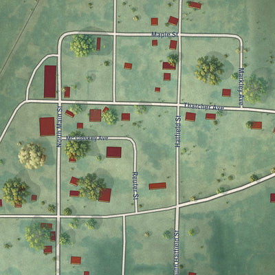 Close-up of the map of Millerton, Iowa print showing street and building detail