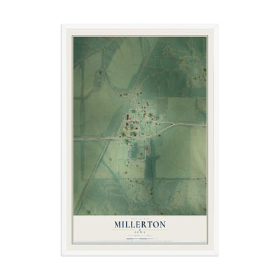 Map of Millerton, Iowa, 12 x 18 inch print in a white wood frame
