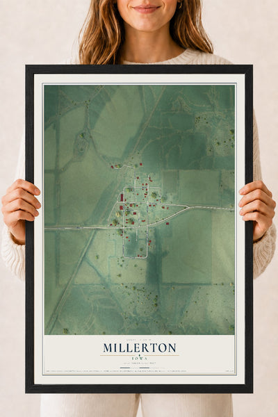 Map of Millerton, Iowa, 18 x 24 inch print in a black wood frame